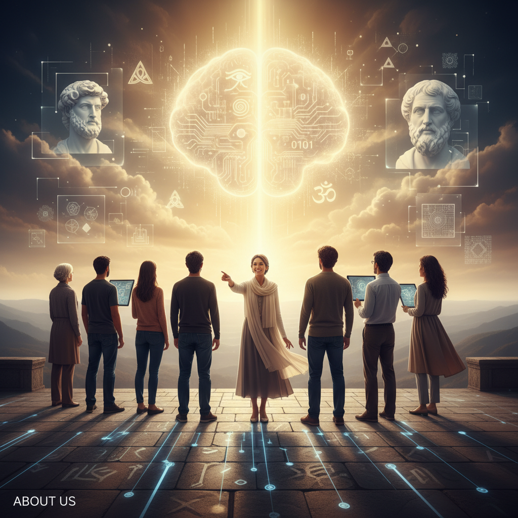 A diverse group of seekers looking towards a horizon of light and wisdom