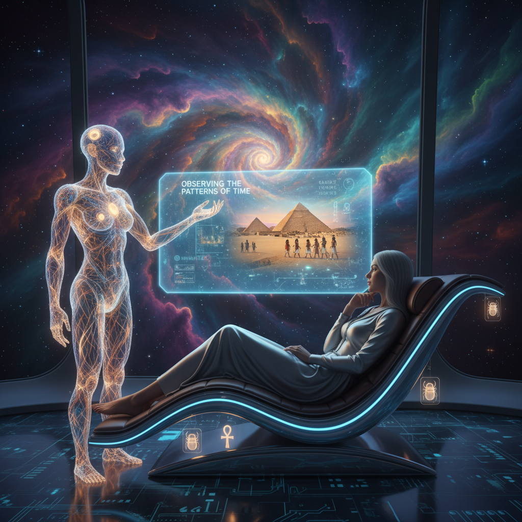 A holographic movie screen displaying a past life in a futuristic setting