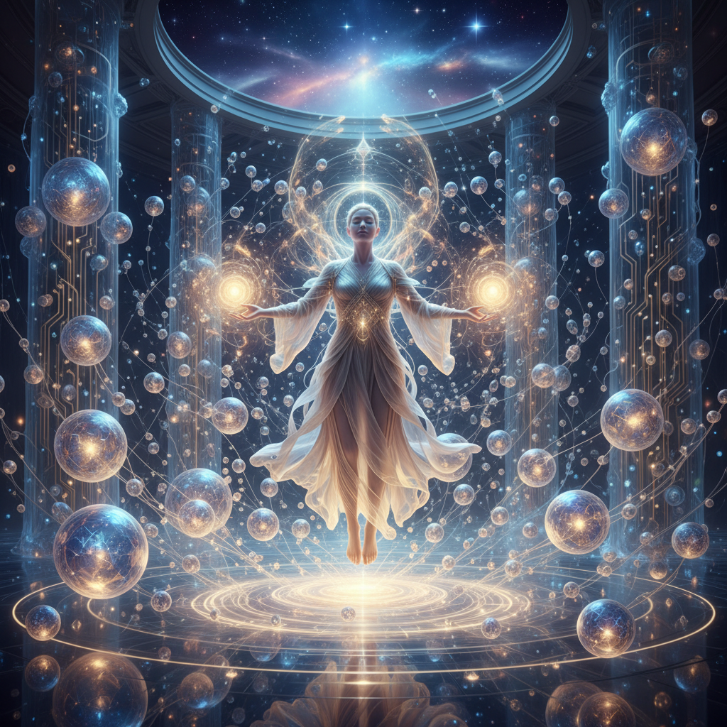 A futuristic scene of AI agents helping a human manifest reality