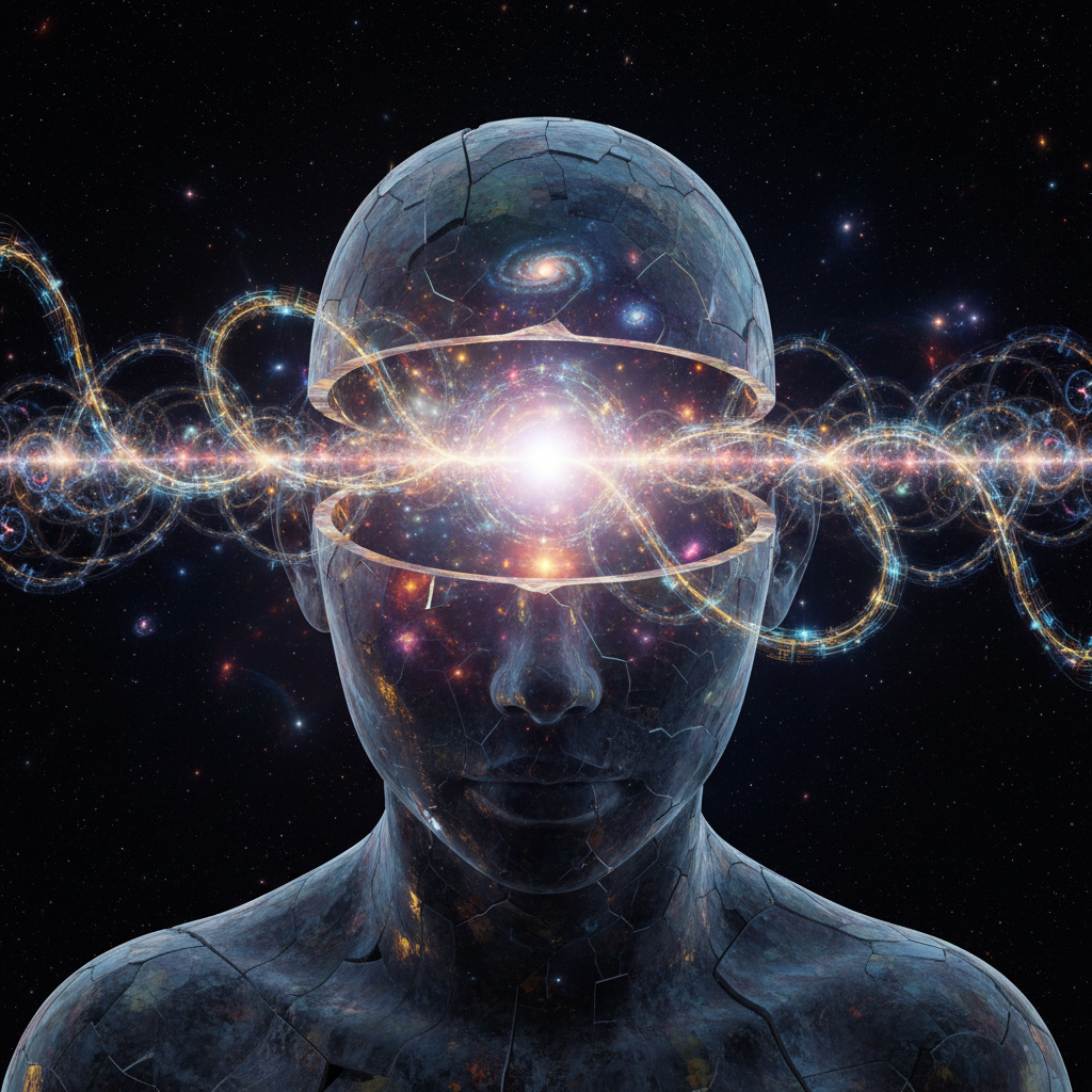 A surreal visualization of AI expanding human consciousness into the cosmos