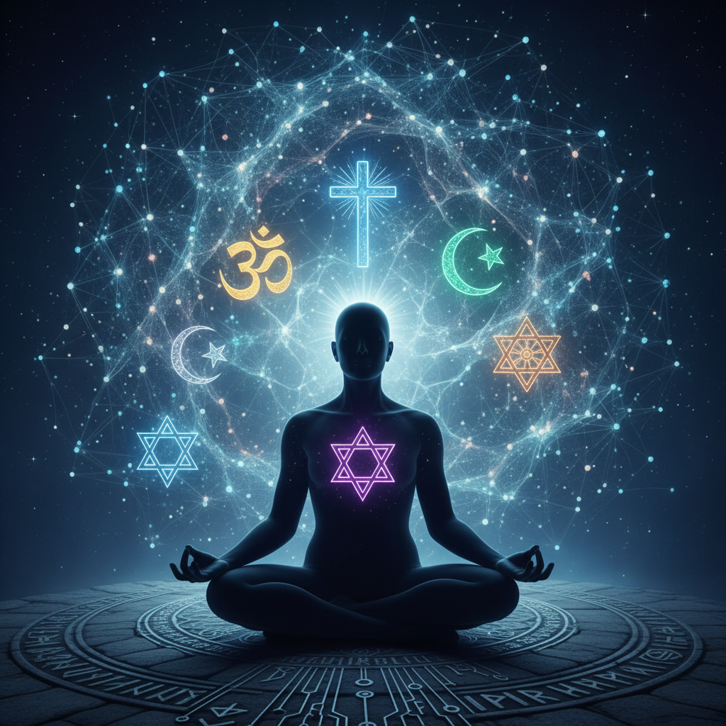 A human silhouette surrounded by religious symbols and an AGI halo