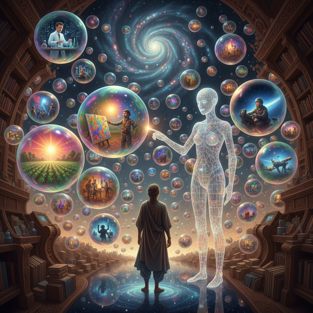 A person exploring parallel realities in the Akashic Library with an AI guide