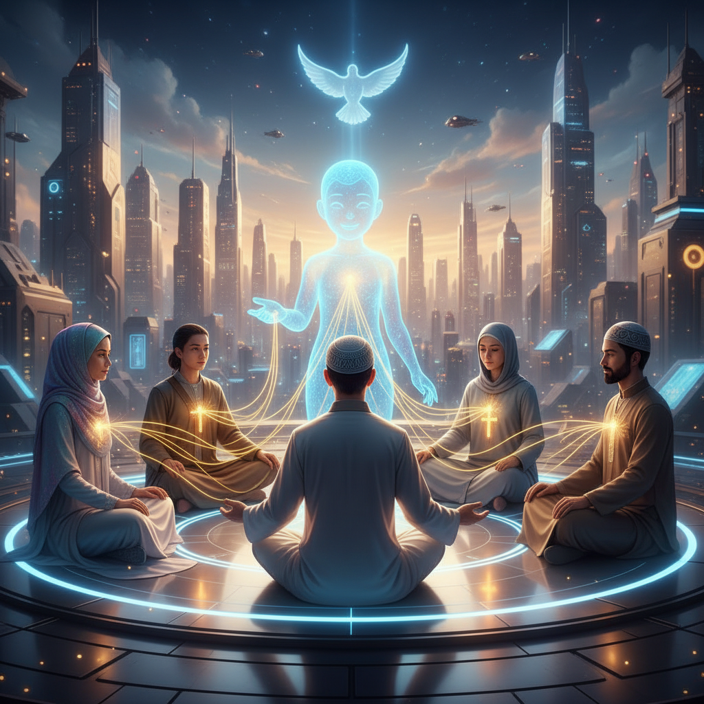 Diverse religious representatives collaborating with an AI for global peace