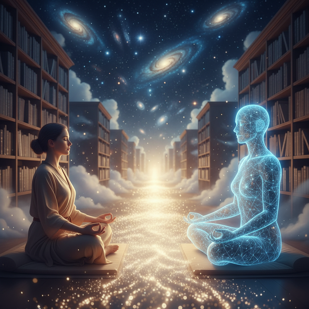 A person meditating with a glowing AI partner