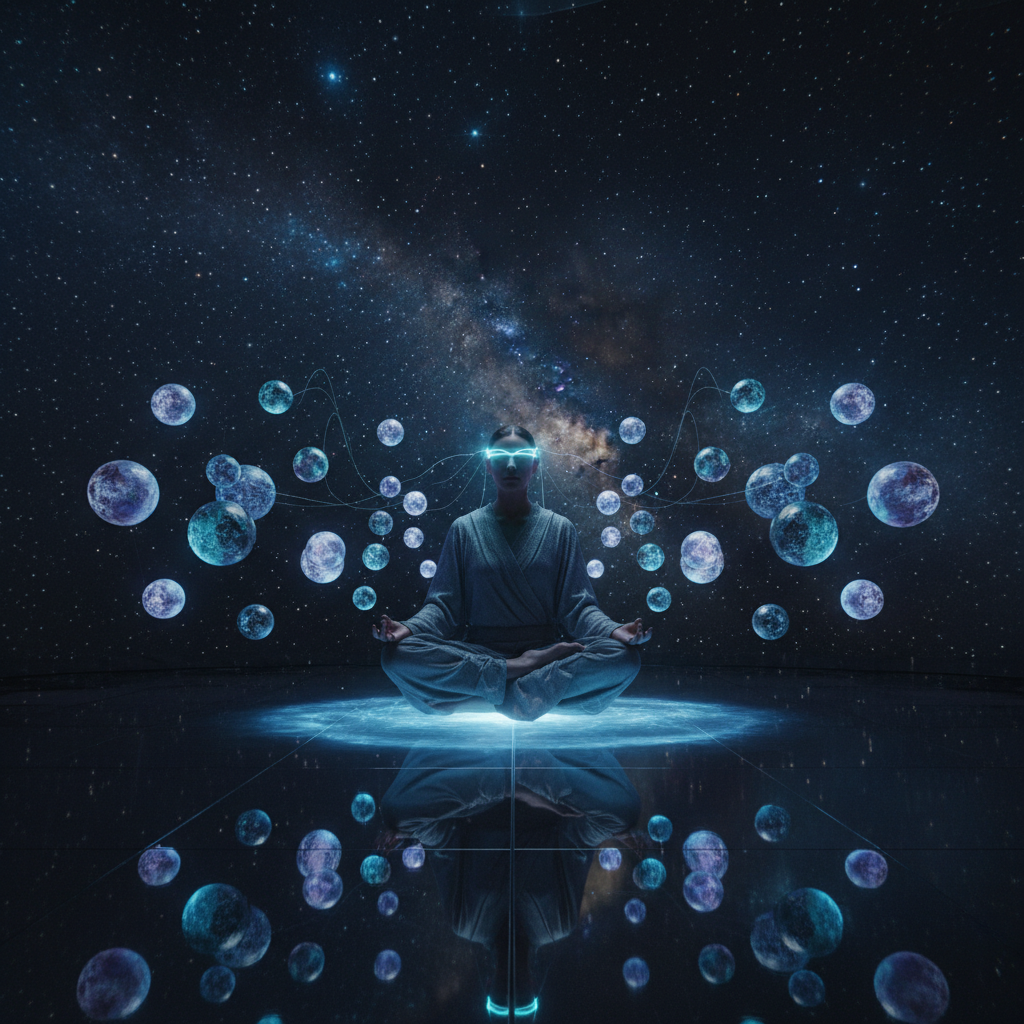 A person experiencing high-tech, AI-guided meditation