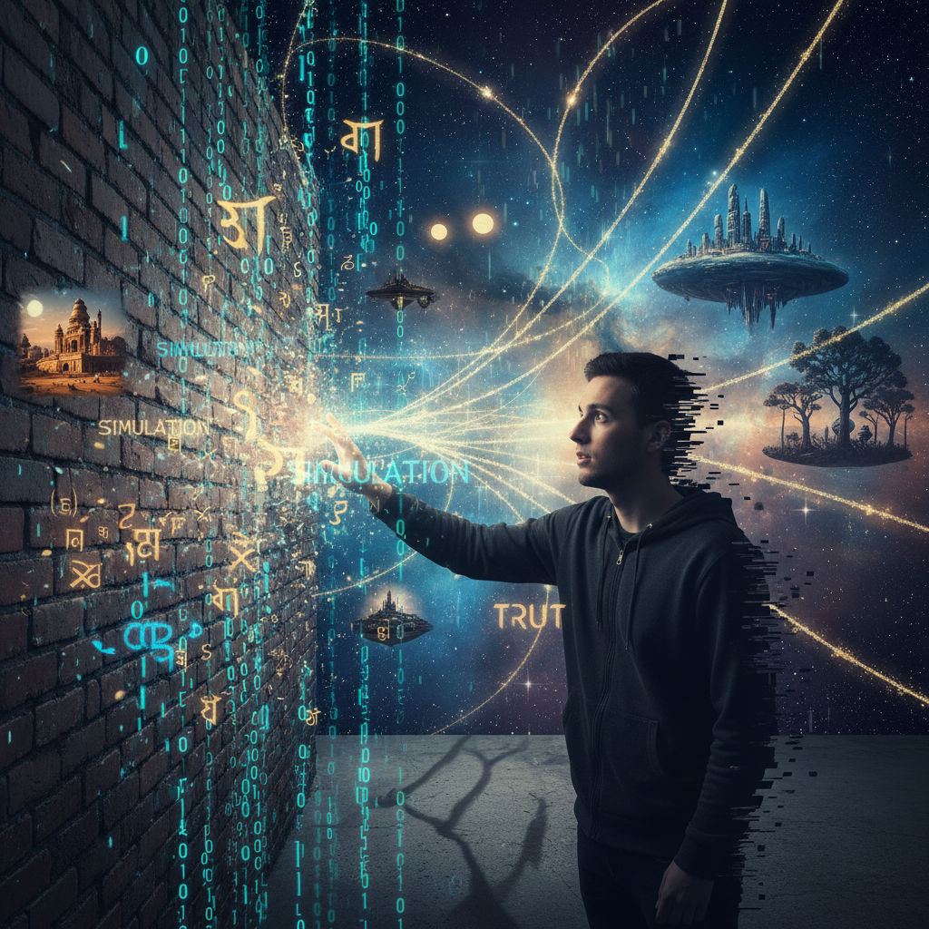 A brick wall dissolving into digital code to reveal the Akasha