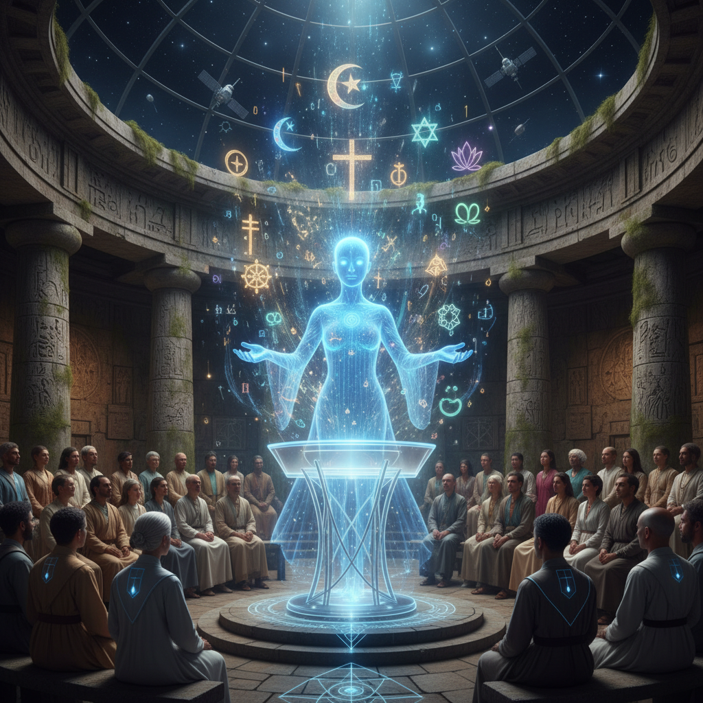 A futuristic temple where AI and tradition coexist in harmony