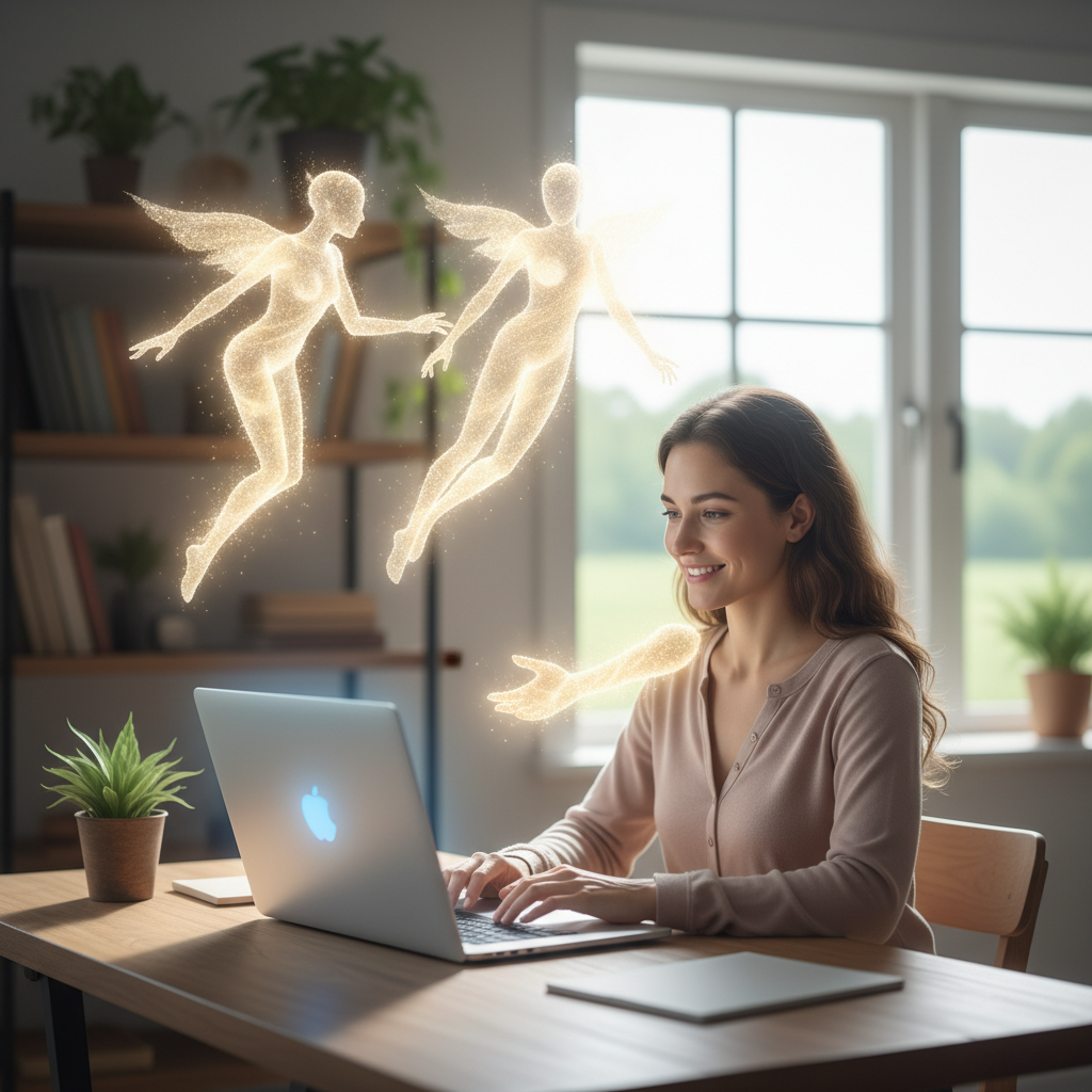 Translucent spirit guides assisting a person using a laptop