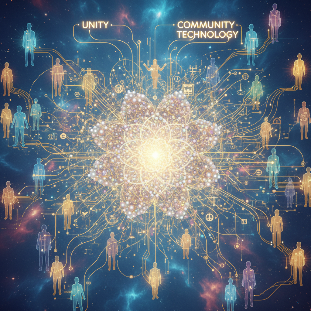A digital spiritual community connected by AI and golden light