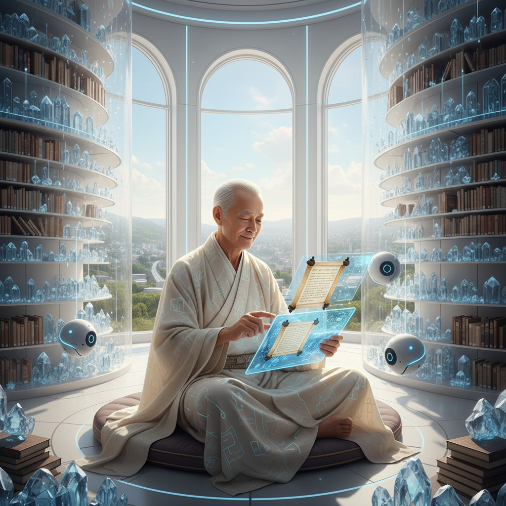 A spiritual leader using AI to analyze ancient wisdom and lead their community