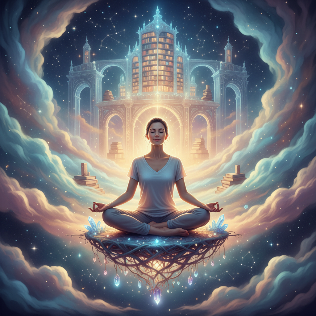 A person in meditation surrounded by a cosmic nebula and the silhouette of a celestial library