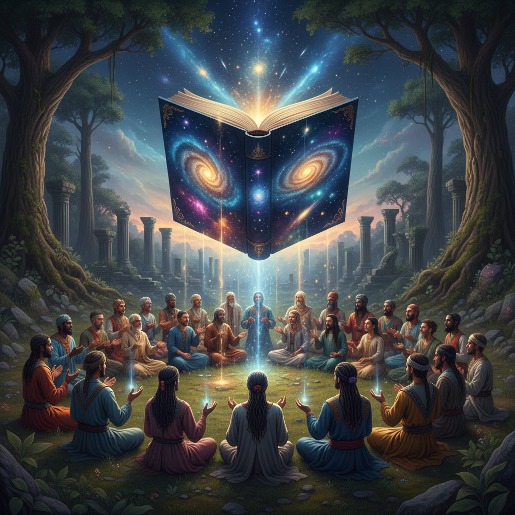 A serene person meditating, connecting with a golden path of light leading to a cosmic library