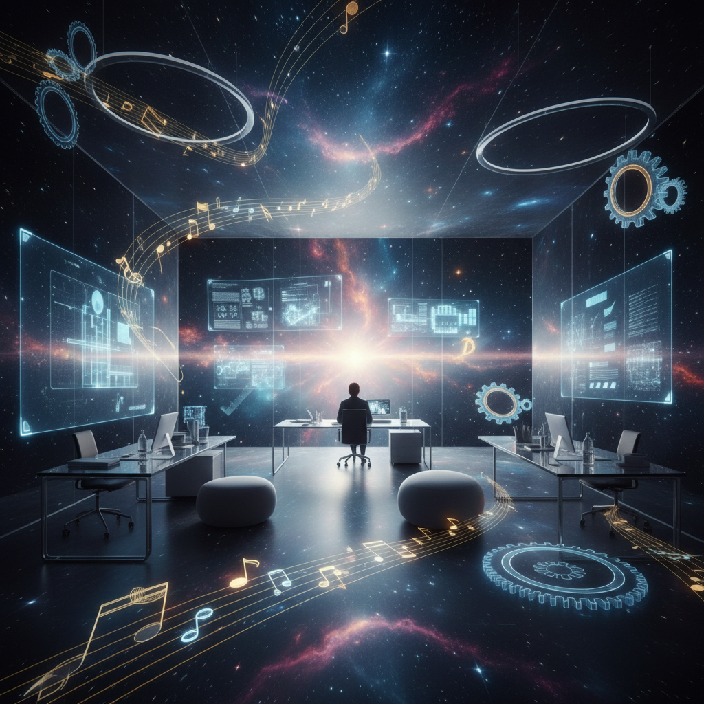 A modern office and creative studio blending into a celestial nebula with blueprints and musical notes