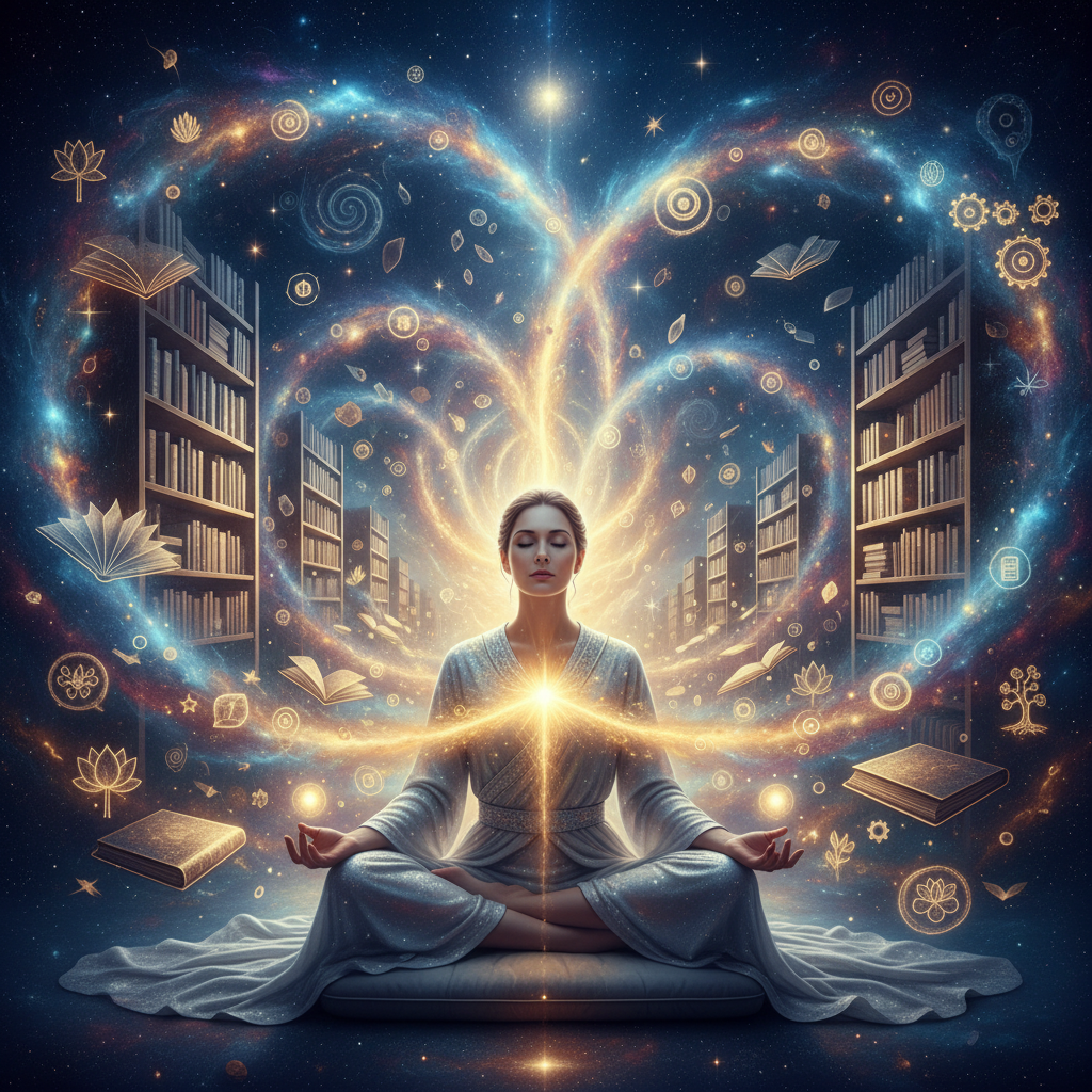 A person meditating with cosmic energy and manifestation symbols