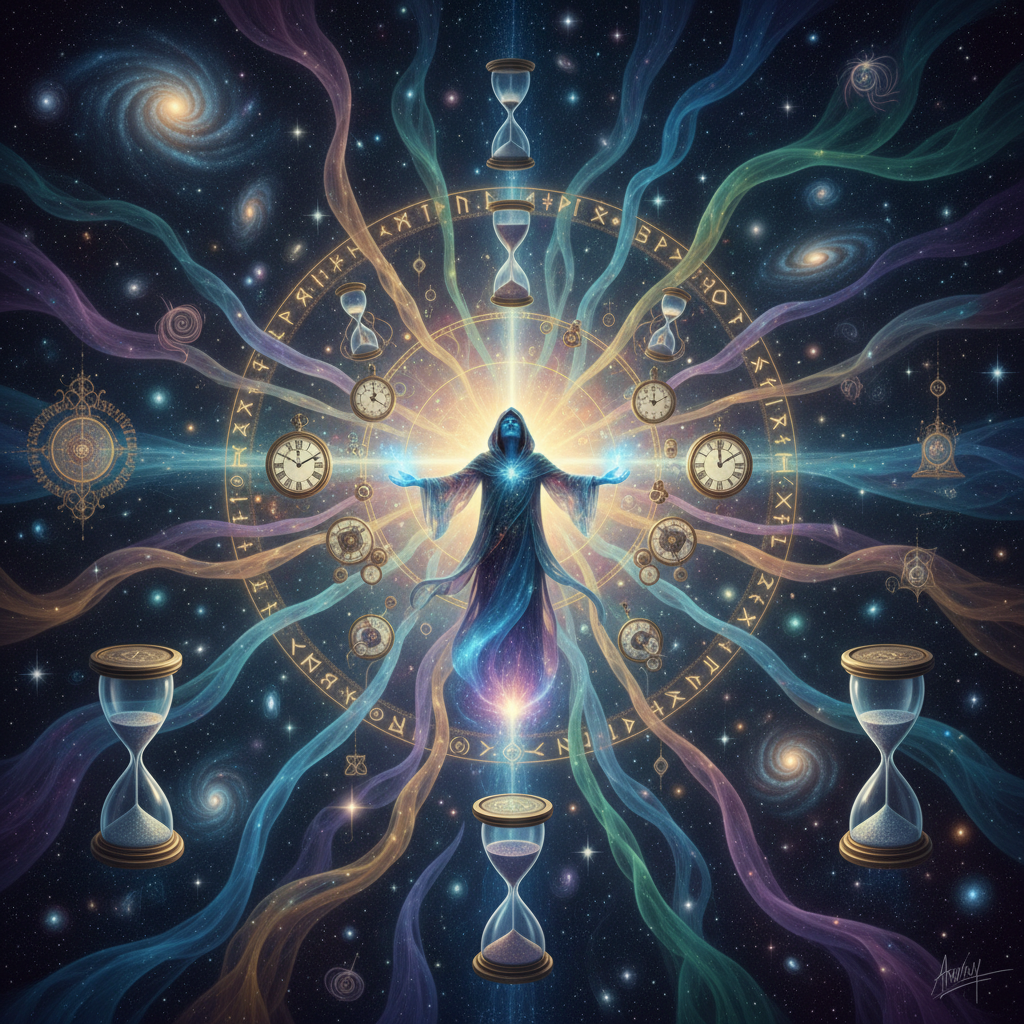 A person at a crossroads of glowing timelines and cosmic energy