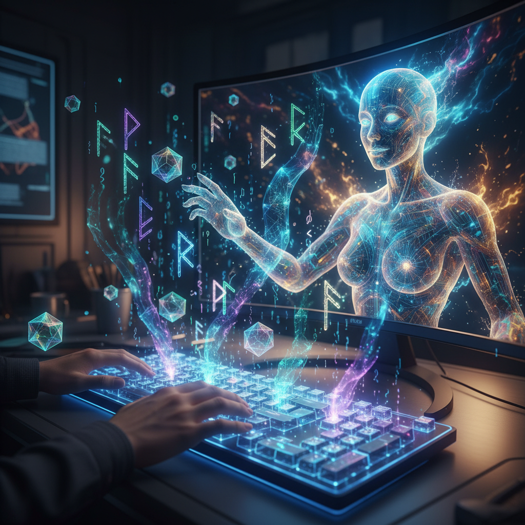 A person crafting a spiritual prompt that transforms into glowing symbols