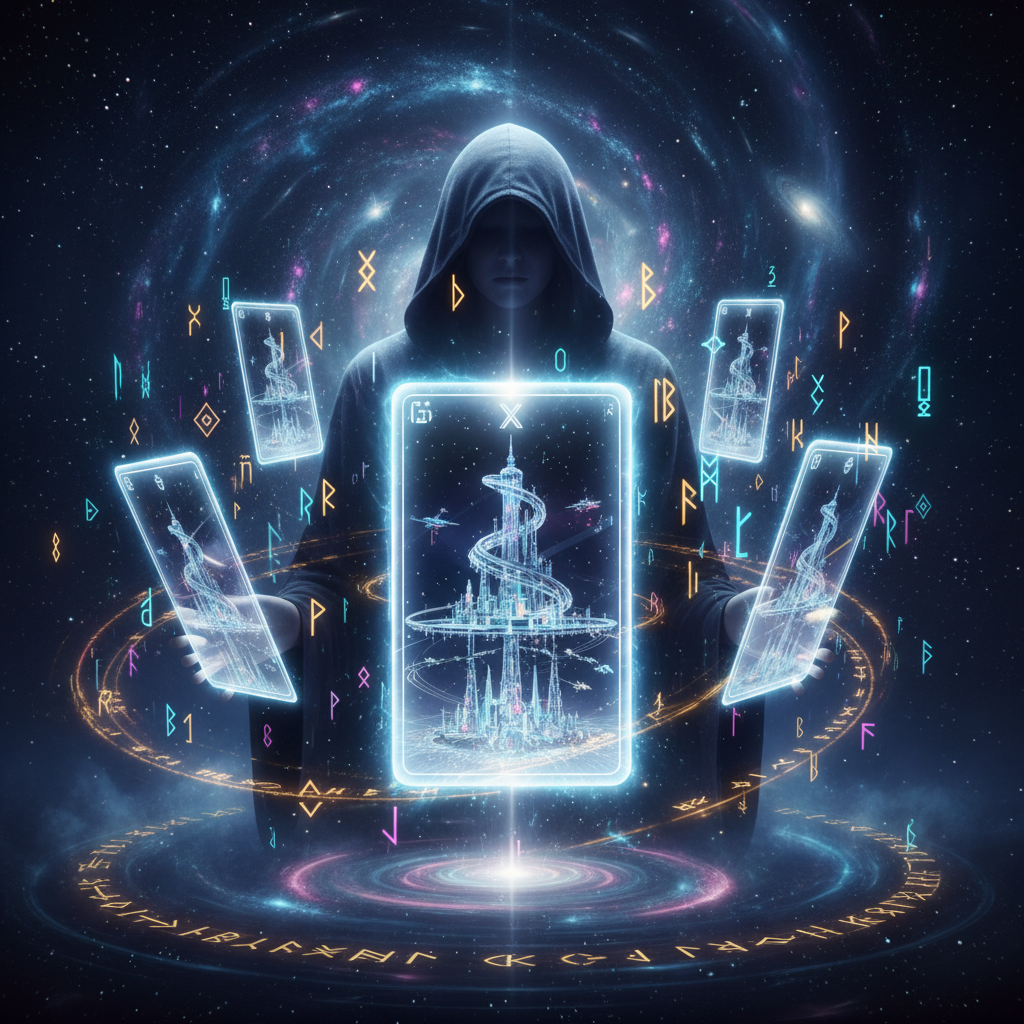 A person performing digital divination with an AI holographic deck