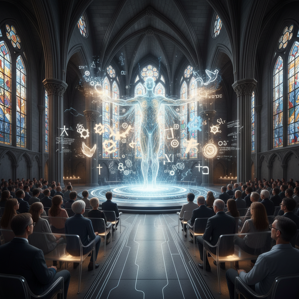 A modern cathedral featuring a holographic AI spiritual guide