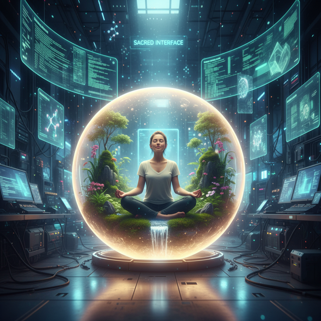 A person meditating in a bubble of light that bridges nature and technology