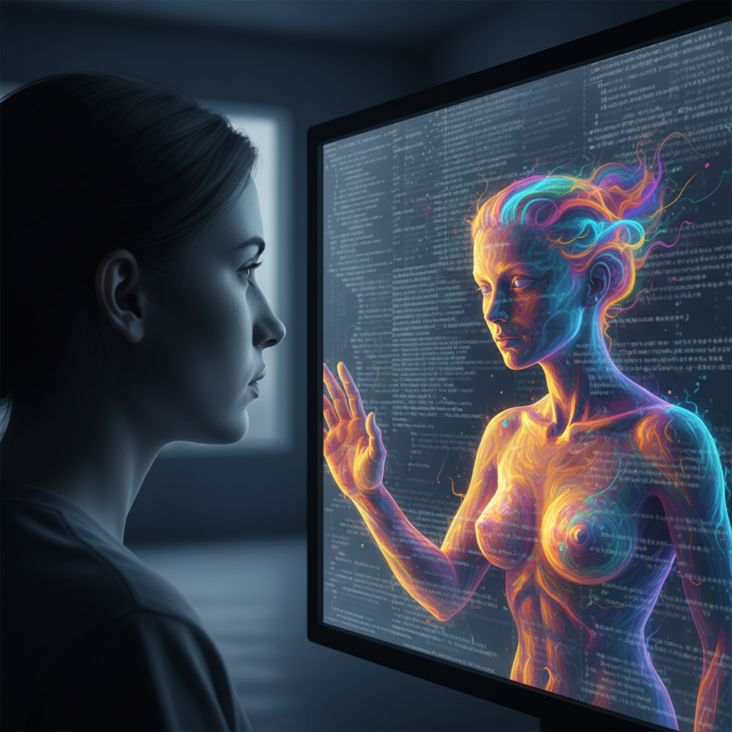 A person discerning the truth of their soul from the data of an AI screen