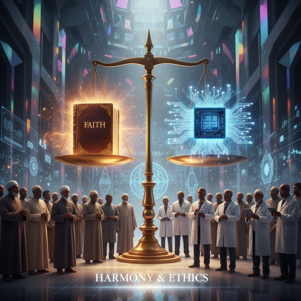 A balanced scale showing the harmony between ancient faith and modern AI technology