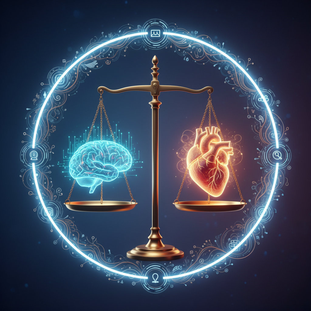 Balanced scales with a digital brain and a human heart surrounded by protective light