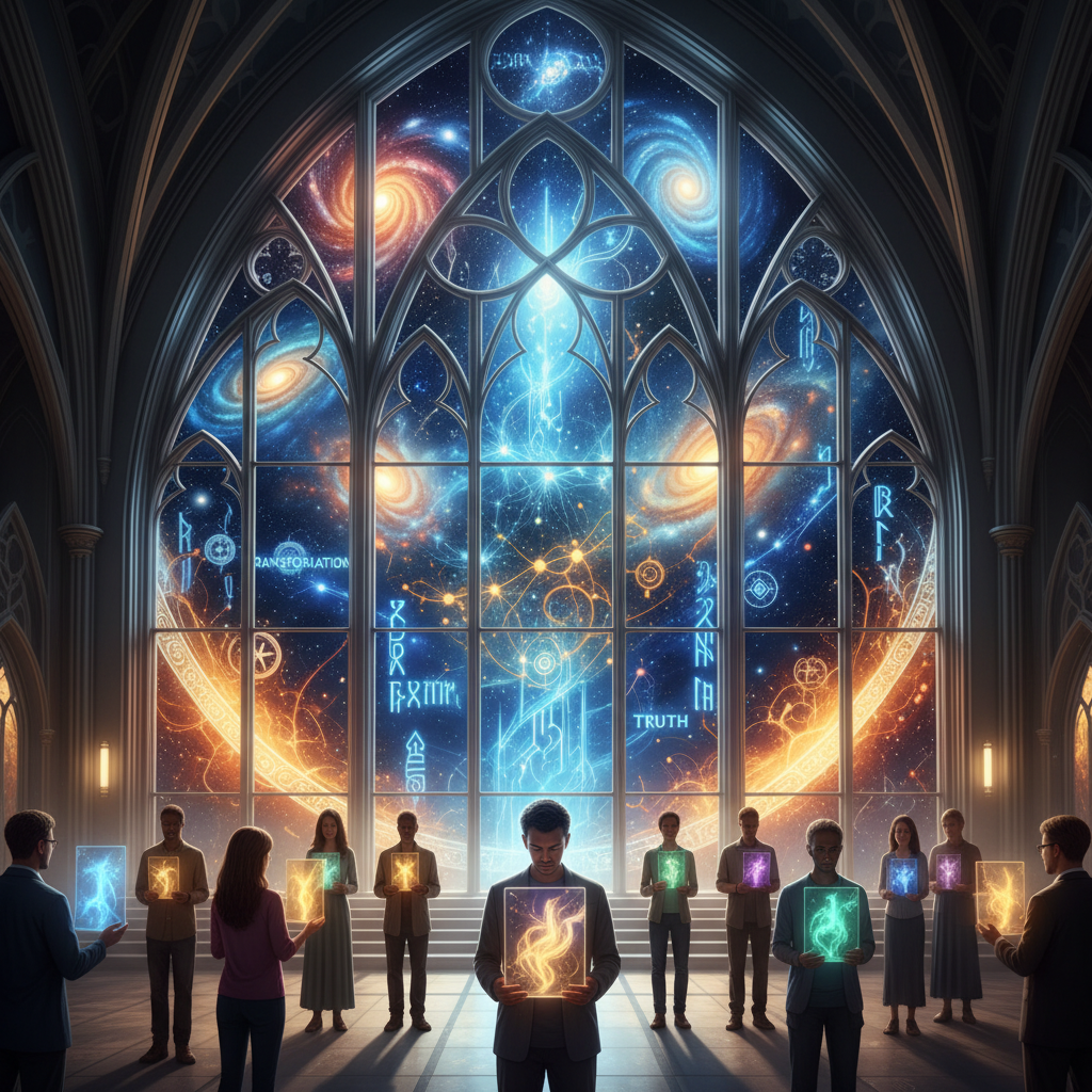 A futuristic church window showing the transition from dogma to universal truth