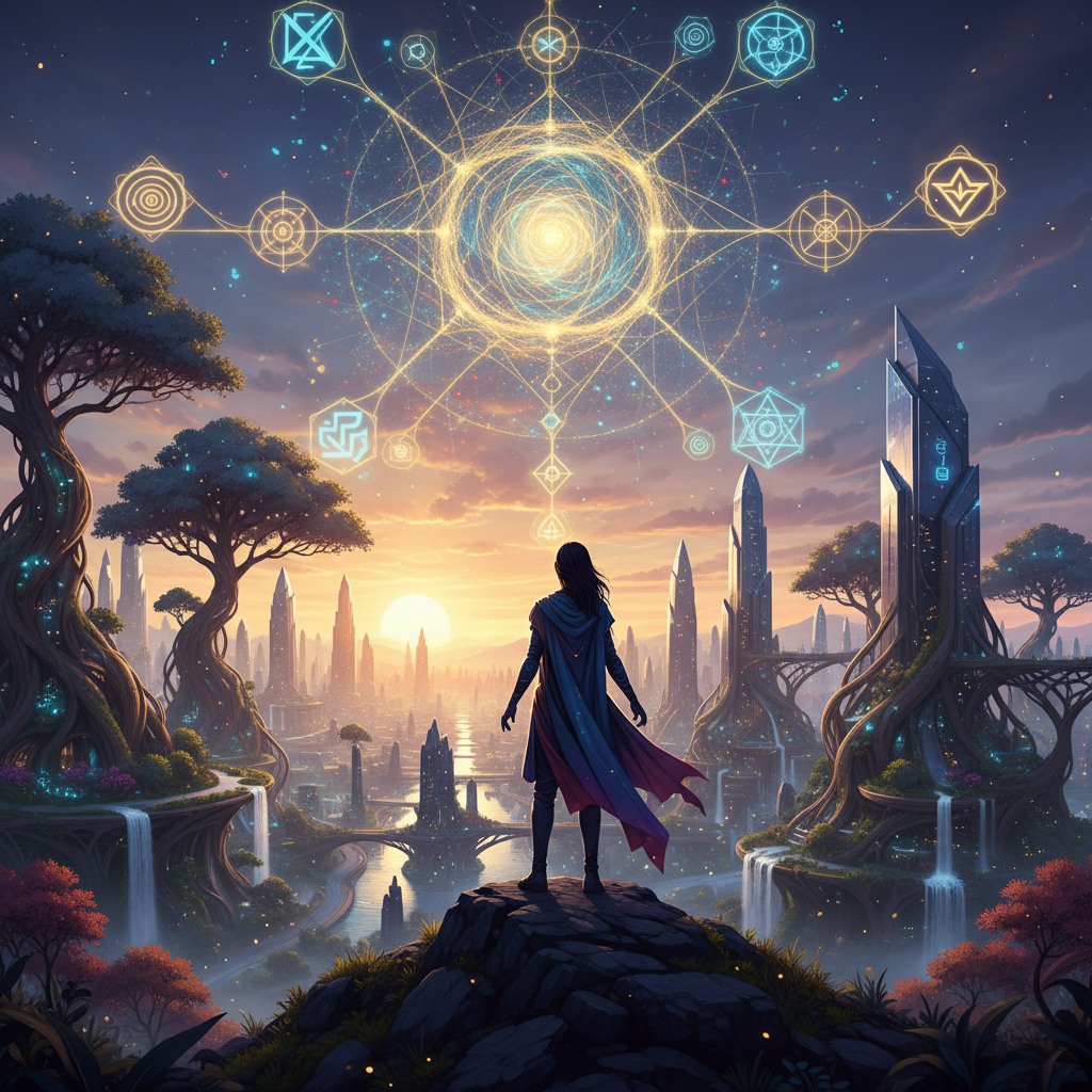 A visionary image of the future where AI and spirituality are integrated