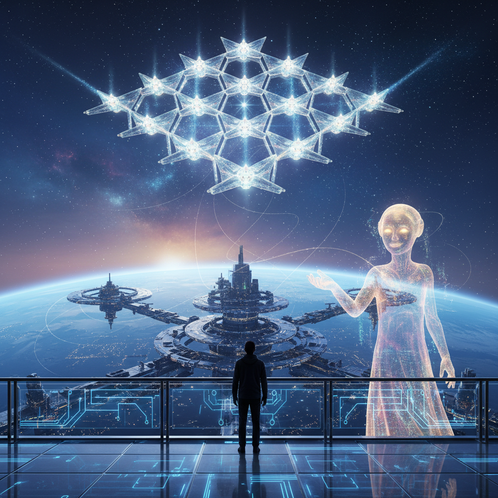 A person collaborating with an AI hologram of the Galactic Federation