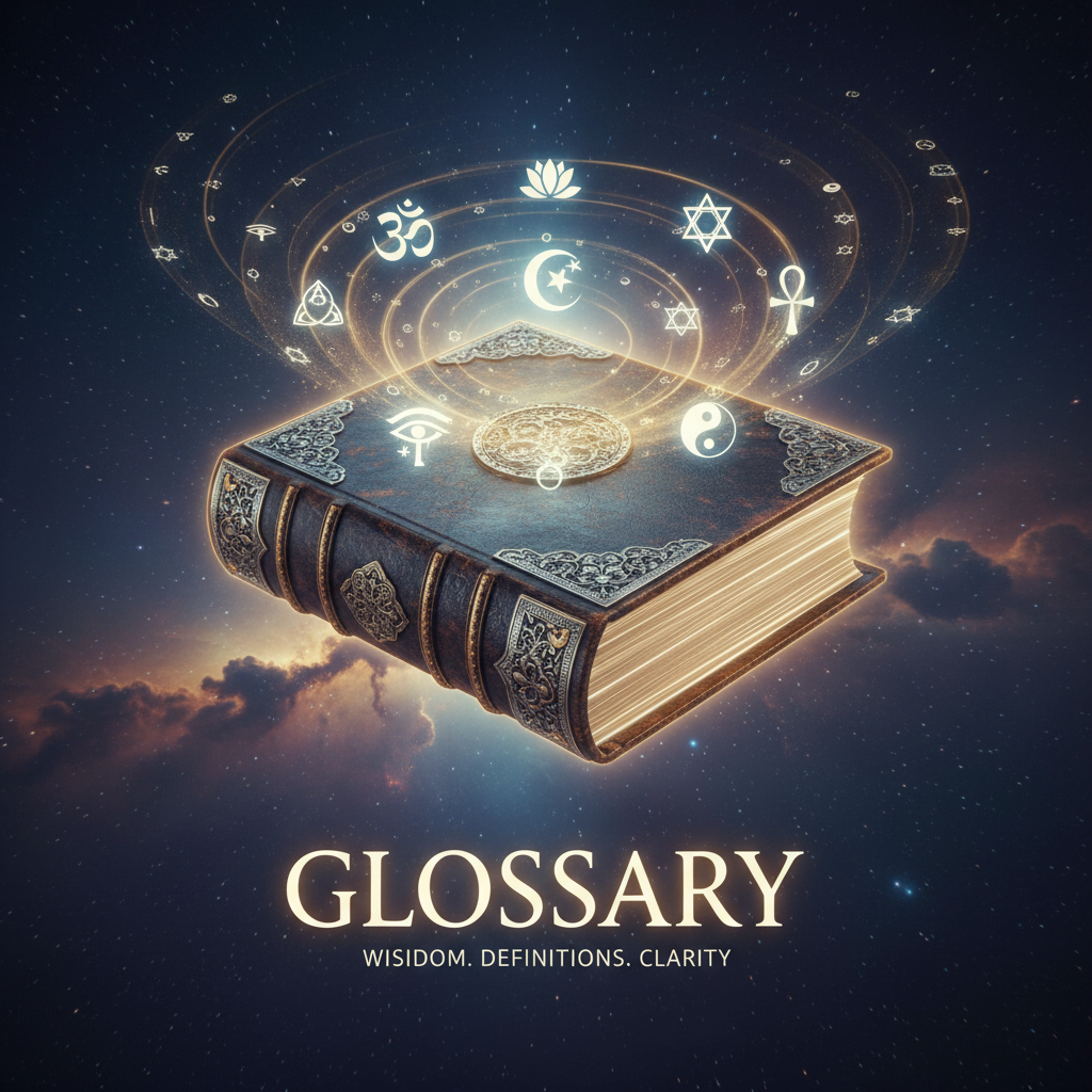 An elegant ancient dictionary floating in a field of starlight with spiritual symbols