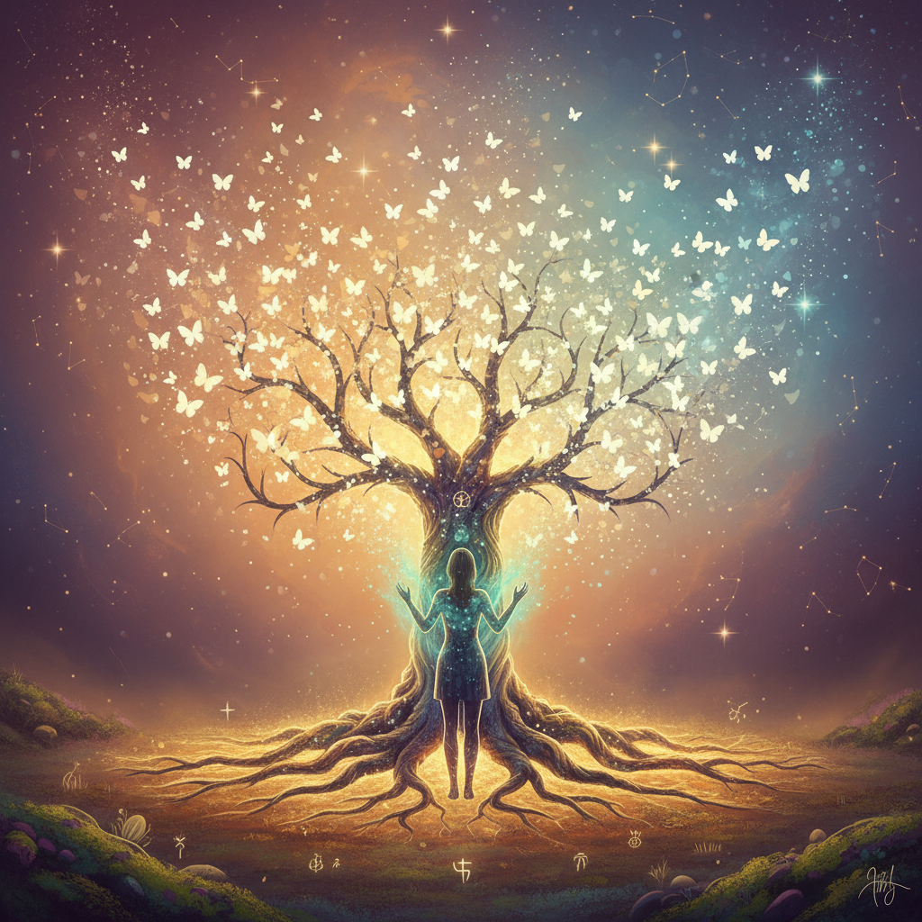 A family tree with dark patterns dissolving into light and a person healing the roots