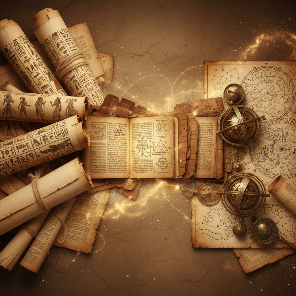 Ancient scrolls and celestial maps representing the history of the Akashic Records