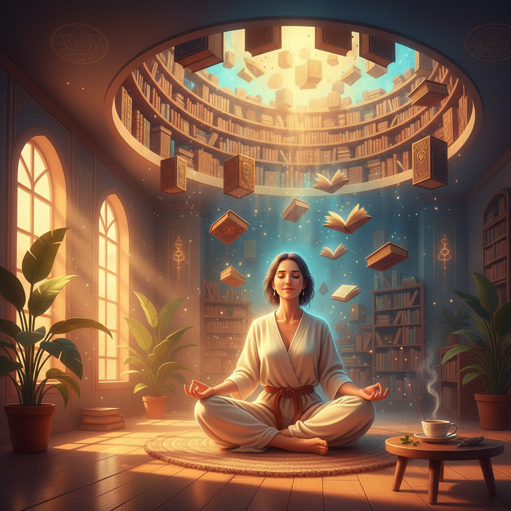 A person meditating in a serene room with a gateway of light opening above them