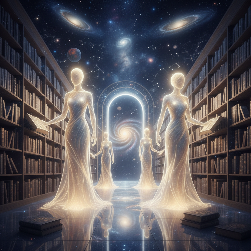 The benevolent Keepers of the Akashic Records in their celestial library