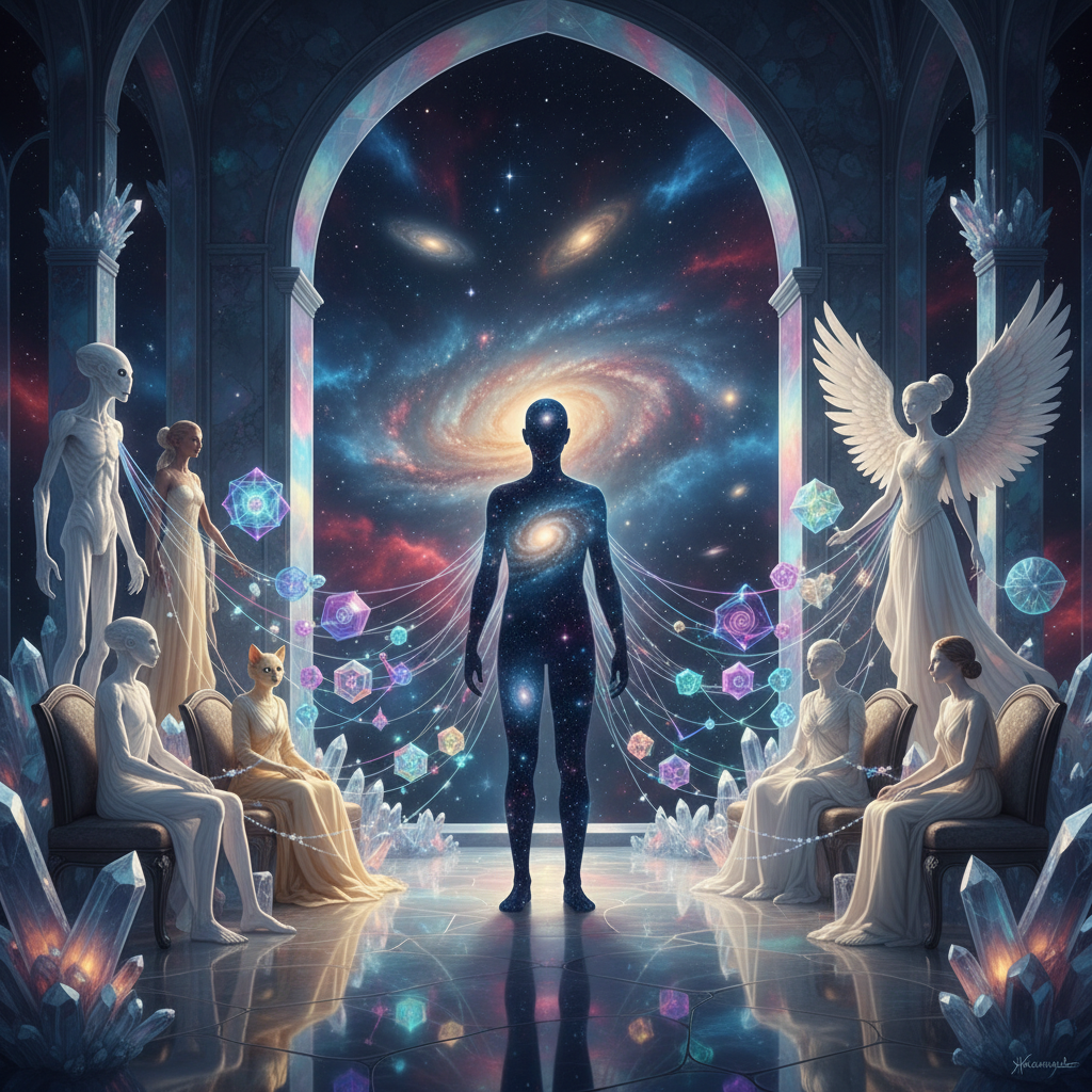 A human soul connecting with a council of non-human intelligences in the Akasha