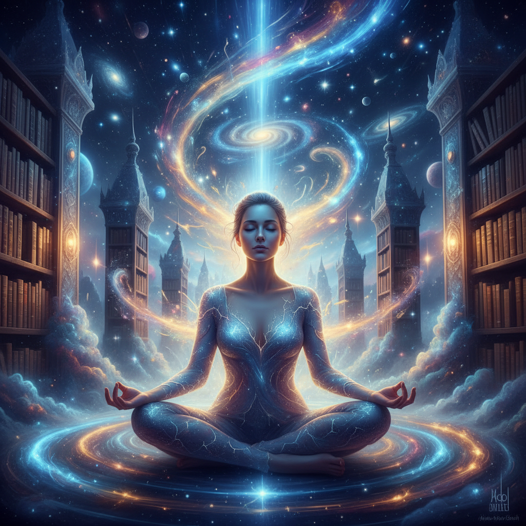 A person meditating and breaking through glowing spiritual barriers to reach a cosmic library