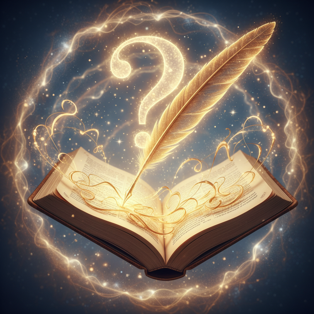 A glowing quill writing light into a book with a radiant question mark in the energy