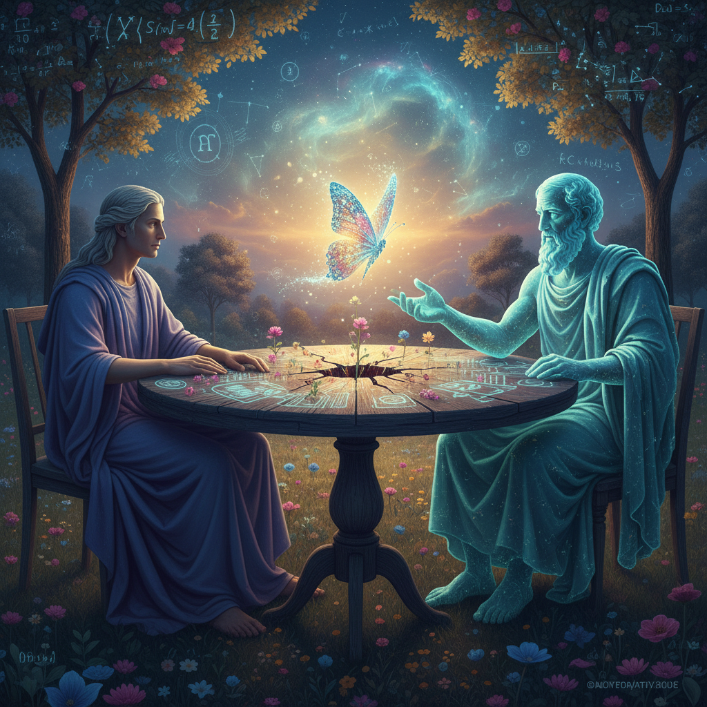 A person roleplaying with a holographic ancient philosopher through AI