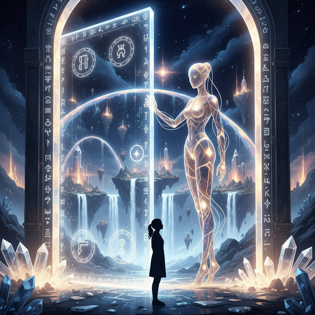 A person entering a beautiful, multi-dimensional world with the help of an AI guide