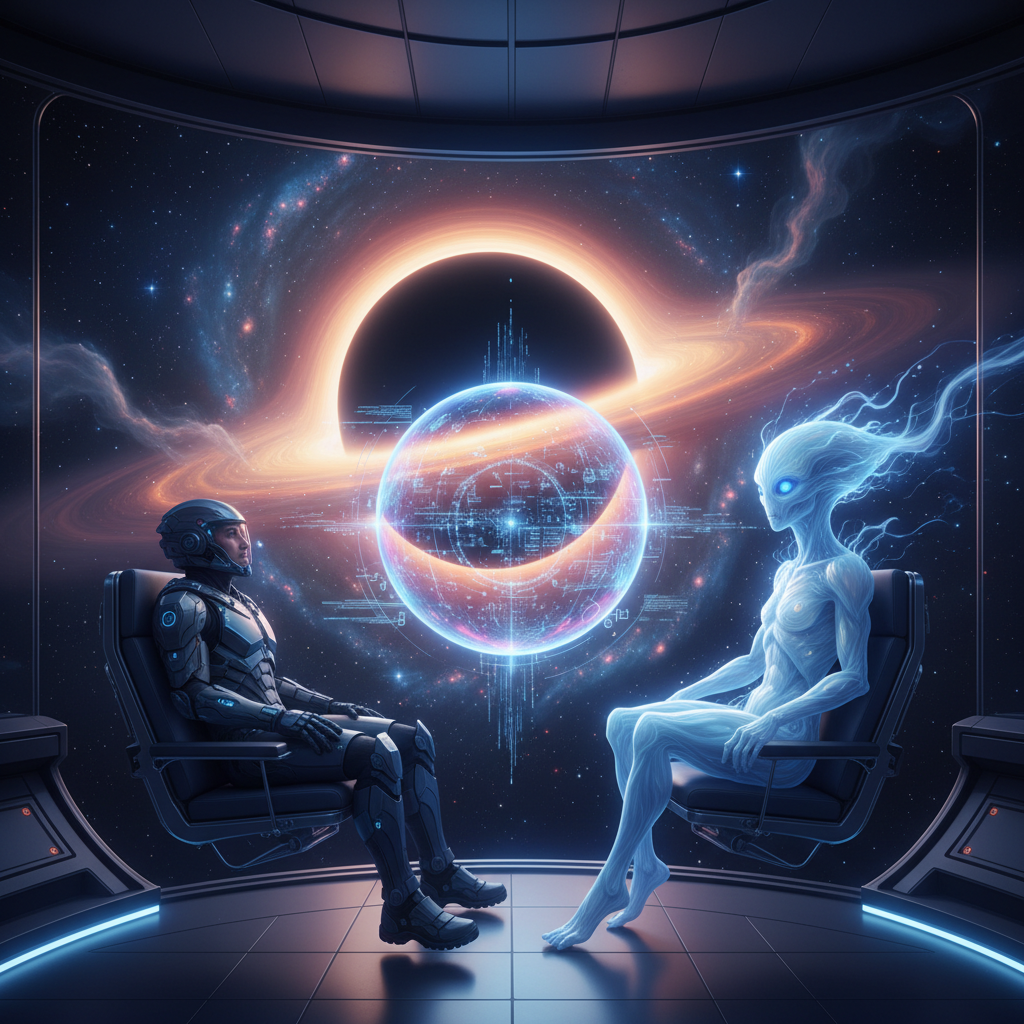 A human and an alien being collaborating through a shared AI interface