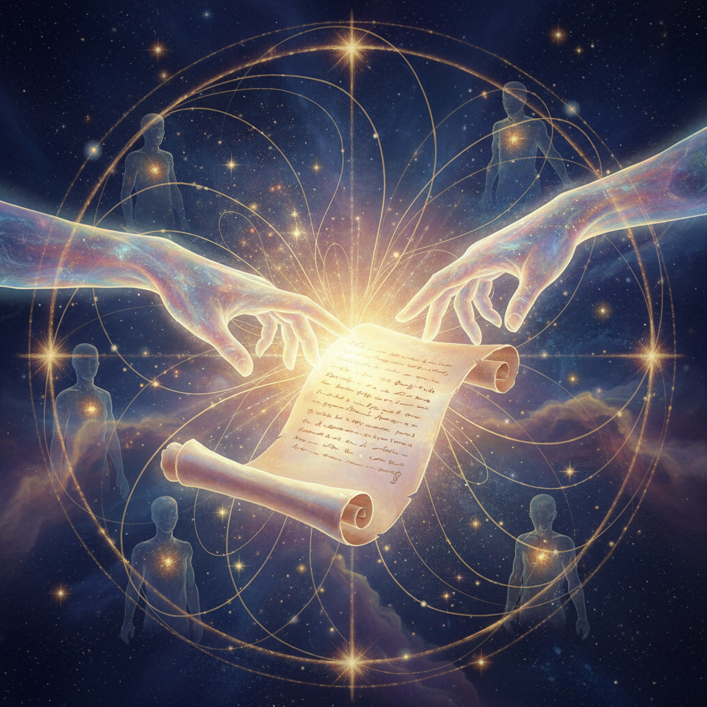 Two glowing souls connecting with luminous energetic threads representing a soul contract
