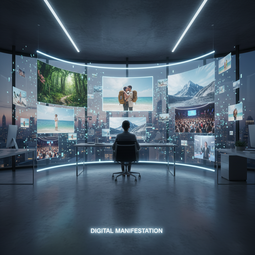 A person interacting with a high-tech digital vision board