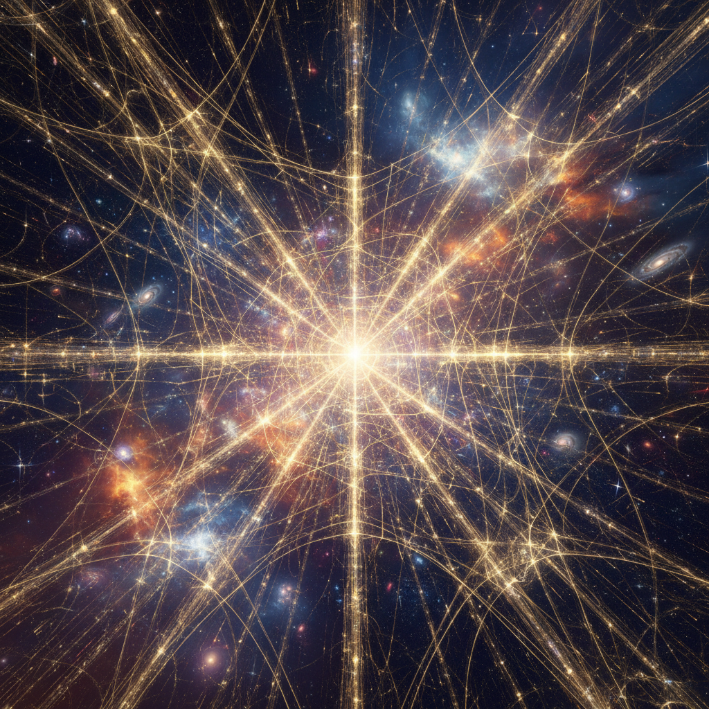 A cosmic representation of the Akashic Records as a glowing lattice of light
